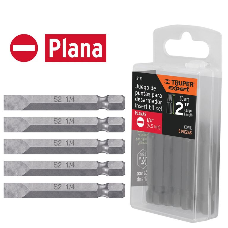 Juego 5 puntas planas de 1/4" largo 2" para taladro, desarmador