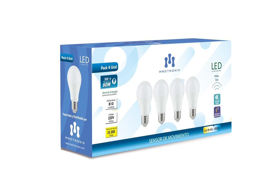 Foco Led Sensor de Movimiento Inteligente Ahorrador 9W PACK X 4
