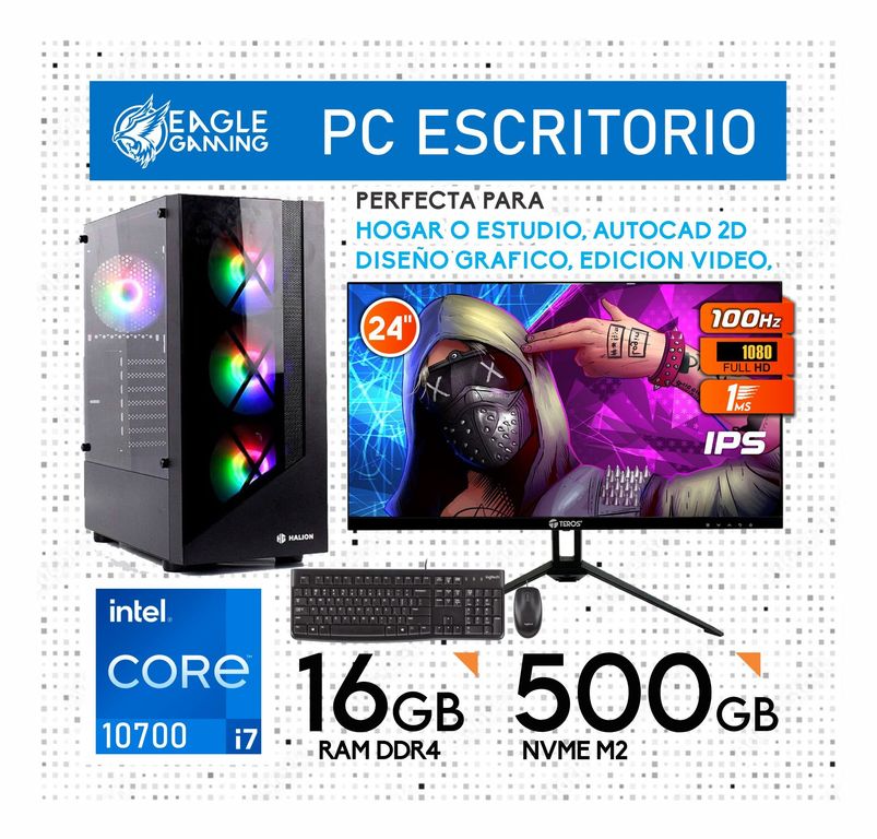 CPU CORE I7 10700 RAM 16GB DISCO SSD m2 500GB + MONITOR 24 IPS + KIT