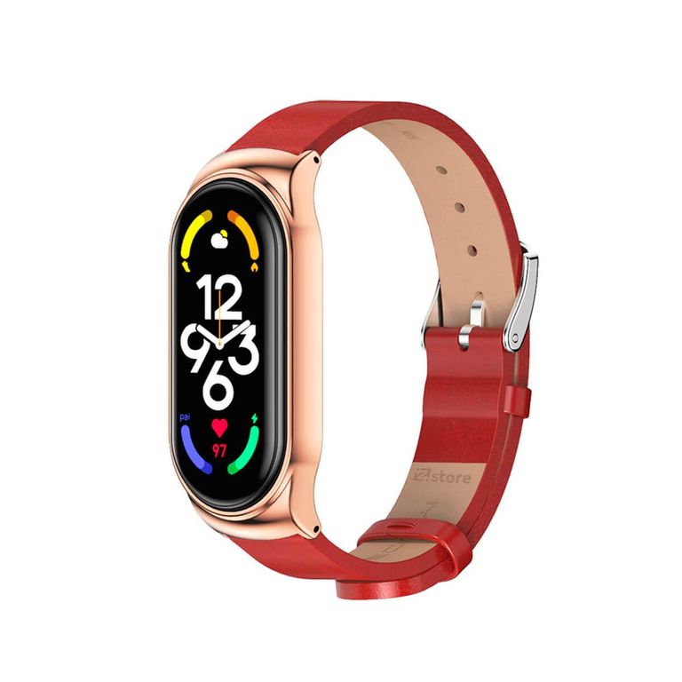 Correa de Cuero Compatible Con Xiaomi Mi Band 7 Metal Rojo-Gold Rose