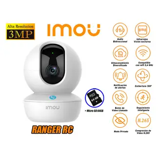 IMOU - Cámara de Seguridad Wi-Fi RANGER RC Gira 360º 3MP + Micro SD 64GB