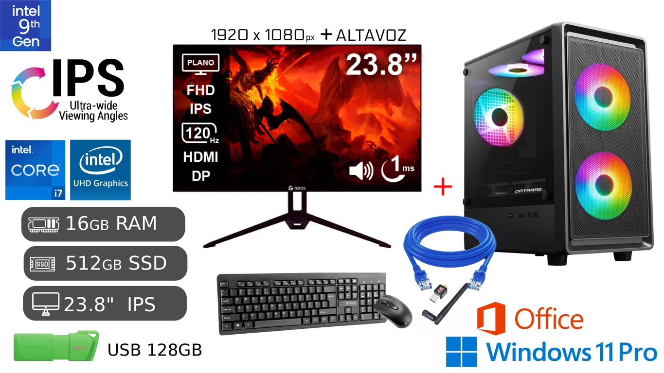 PC Completa Core i7 9na 16GB Ram 512GB SSD+ 128GB USB + Monitor 238