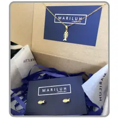 GENERICO - Pack Acero Collar con dije y Aretes - Esqueleto Pez Dorado