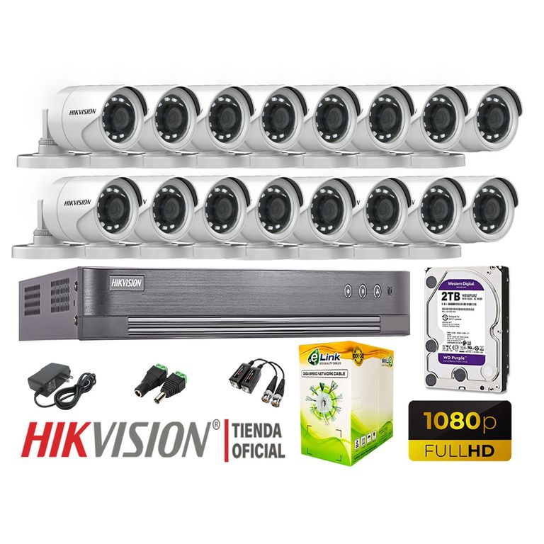 KIT 16 CÁMARAS SEGURIDAD EXTERIOR FULL HD 1080P + DISCO 2TB