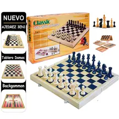 GENERICO - Juego de Mesa Ajedrez 3 en 1 Clasico de Madera