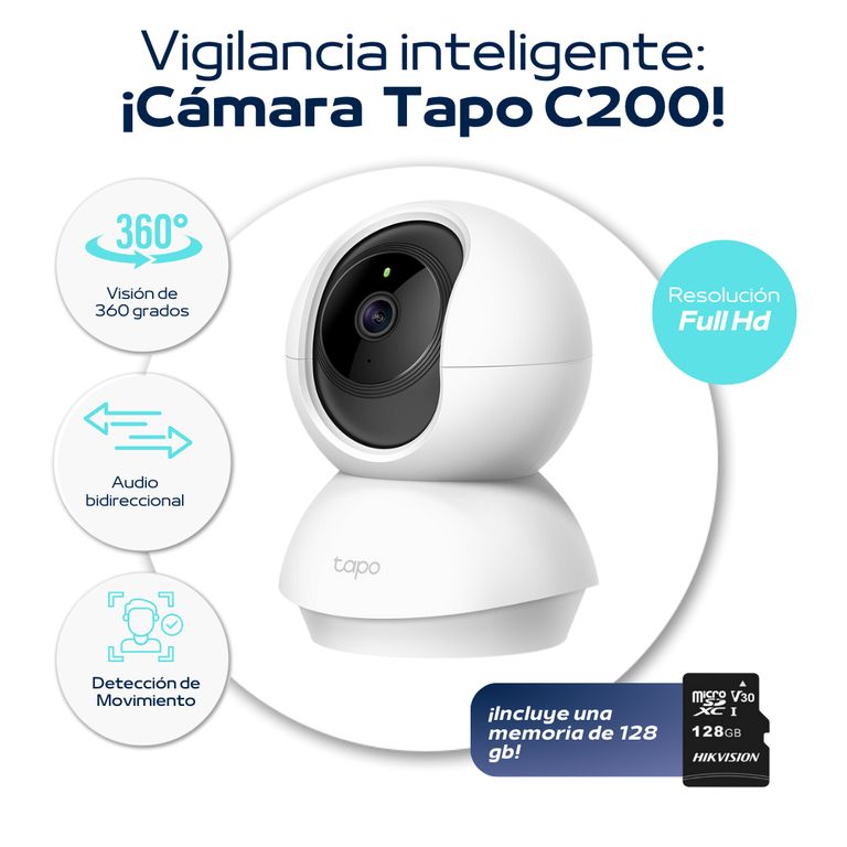 Cámara de seguridad para interiores Full-HD Tapo-C200 - Tp-Link + SD 128 GB