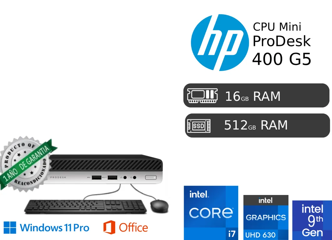 CPU ProDesk Mini 400 G5 Intel Ci7 9na 16GB RAM 512GB SSD +1TB Reacondicionada