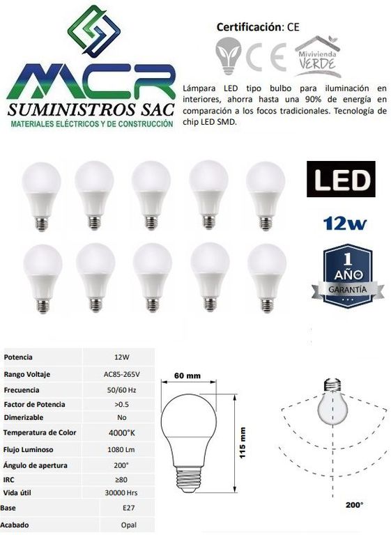 FOCO LED 12W E27 LUZ BLANCO NEUTRO 4000K pack x 10 und