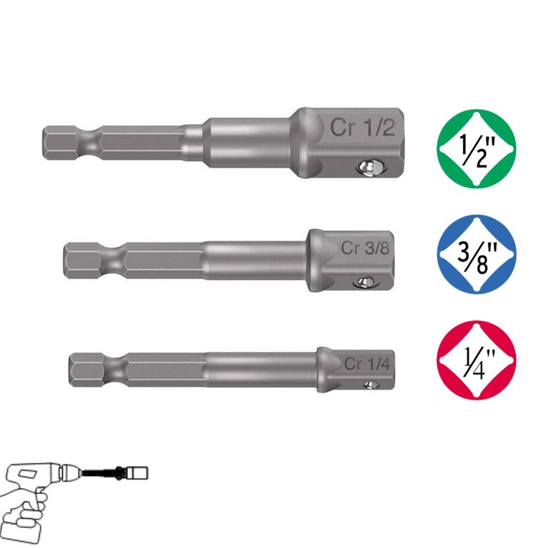 Adaptadores para dados taladro atornillador 3 pzas 1/4", 3/8" y 1/2" 10752