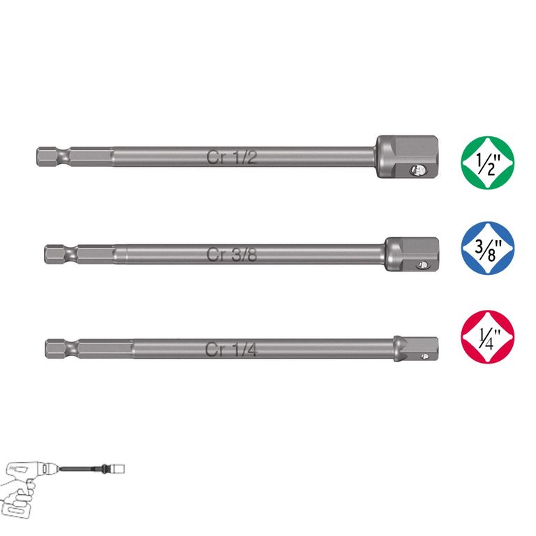 Juego de adaptadores largos para dados 3 piezas, 1/4", 3/8" y 1/2"