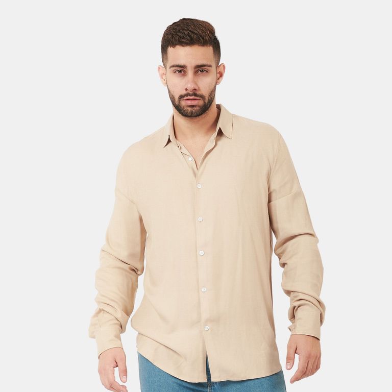 Camisa Manga Larga Hombre Beige Lino Rayon