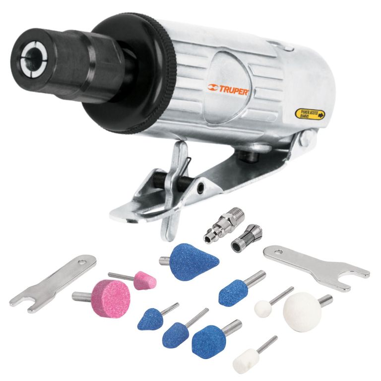 Kit mini esmeriladora neumático, 16 piezas, 1 maletín