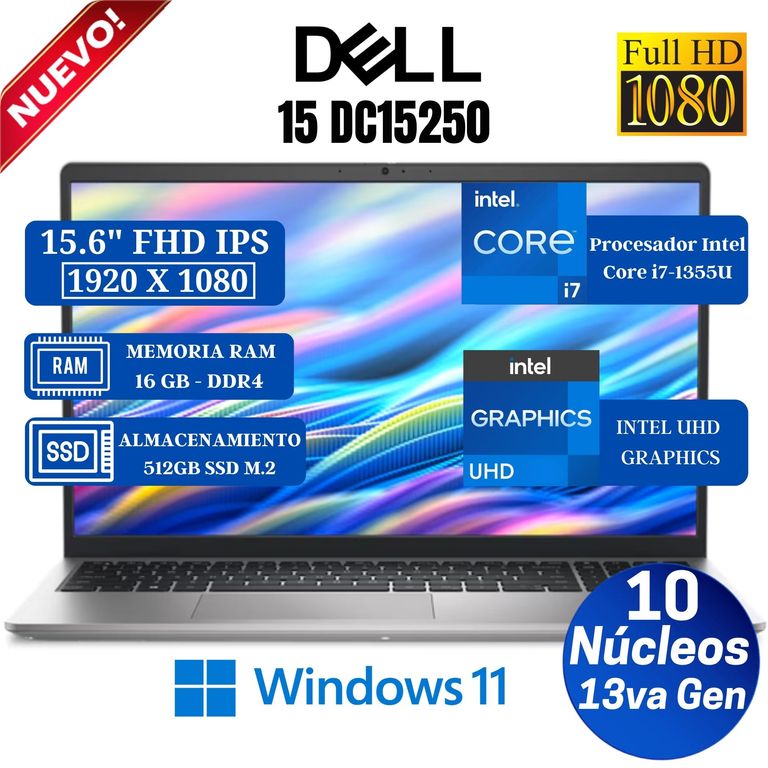 Laptop 15 DC15250 15.6" FHD IPS, Core i7-1355U- 13va Gen, Ram 16GB, 512GB SSD, Win 11