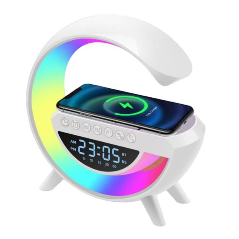 Lampara G Smart 6 en 1 Luz RGB Parlante Reloj Cargador Inalámbrico