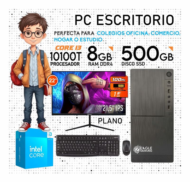 PC COMPUTADORA CORE I3 10100T 10GEN RAM 8GB SSD 500GB MONITOR 21,5”