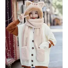 GENERICO - Gorro Bufanda Manopla Kawaii Gato 3 en 1 BEIGE