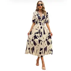 BLWOENS - Vestido Midi Mujer - Cuello En V Y Diseño Abstracto