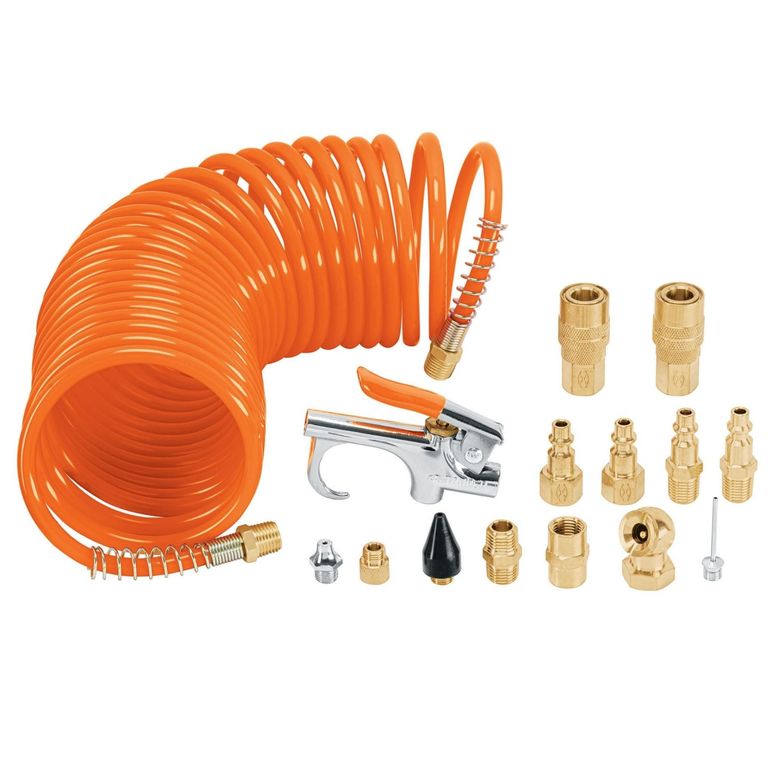 Kit manguera de aire tipo resorte, pistola de aire, 15 accesorios
