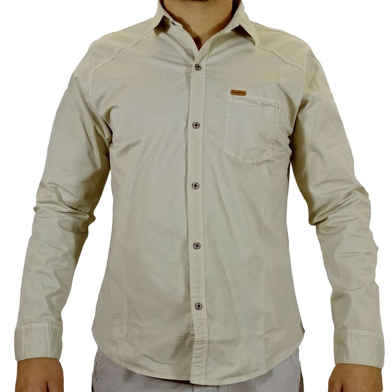 Camisa Drill Manga Larga Para Hombre - Beige.