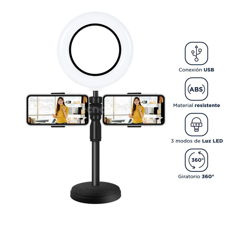 Aro de Luz para Escritorio con Base y Soporte para Dos Teléfonos Live