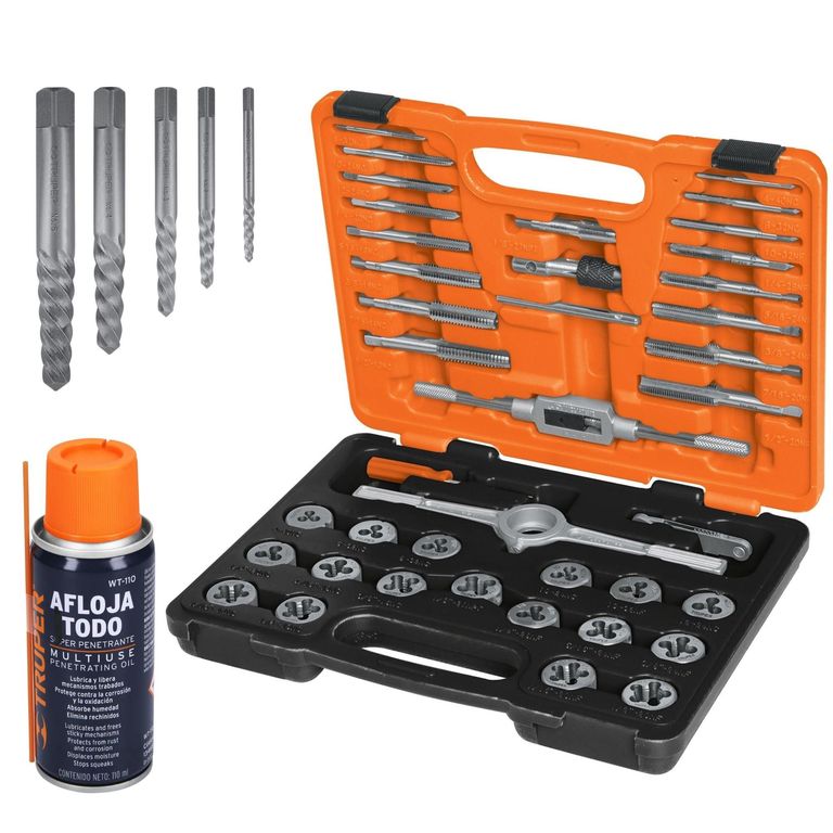 Combo machuelos, tarrajas 39 piezas, 5 extractor de tornillos, 1 afloja todo.