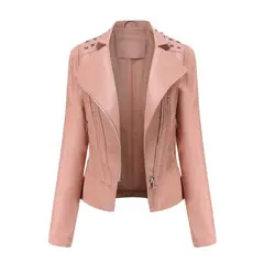 BLWOENS - Chaqueta de cuero PU con remaches de liso para mujer-ROSA