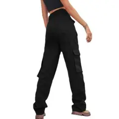 BLWOENS - Pantalones cargo elásticos de cintura alta para mujer - Negro