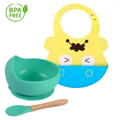 GENERICO - Pack Babero Hipopotamo con Cuenco Turquesa para bebe