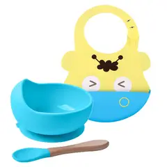 GENERICO - Pack Babero Hipo con Cuenco Celeste con cuchara para bebe