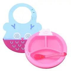 GENERICO - Pack Babero Buho y Set Plato Termico Fucsia para bebe