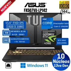 ASUS - Laptop TUF F15 FX507VU-LP142 15.6" FHD, Core i7-13620H, Ram 16GB,SSD 1TB, RTX 4060 8GB, WIN 11