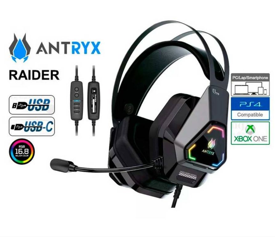 AUDIFONO GAMER CON MICROFONO RAIDER LUZ RGB 7.1 VIRTUAL NEGRO