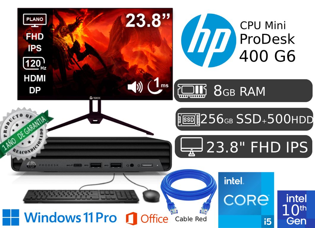 CPU Mini 400 G6 Ci5 10ma gen 8GB RAM 256GB SSD + 1TB Hdd EXT + Monitor Nuevo 23.8 + Cable Red