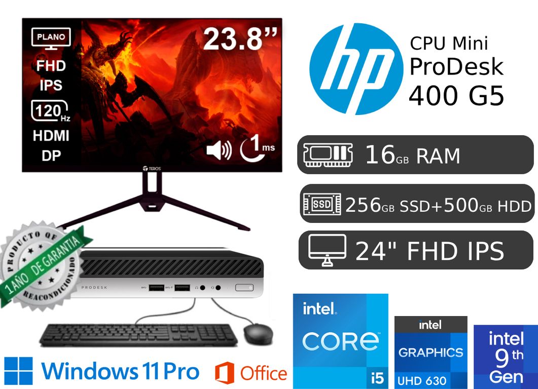 PC MINI PRODESK 400 G5 Ci7 9700T 16Gb Ram SSD 256 Reacondicionda + Led 24"
