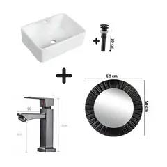 GENERICO - COMBO DE LAVATORIO GRIFERIA COLOR NEGRO DESAGUE y ESPEJO