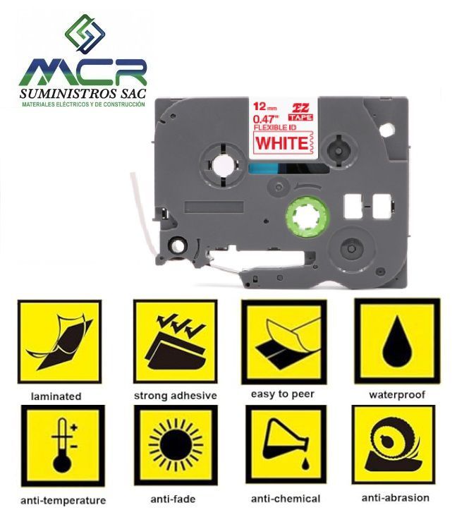 Cinta 12MM X 8M letras rojas sobre blanco compatible para rotulador brother