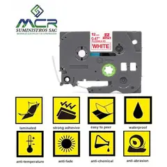 GENERICO - Cinta 12MM X 8M letras rojas sobre blanco compatible para rotulador brother