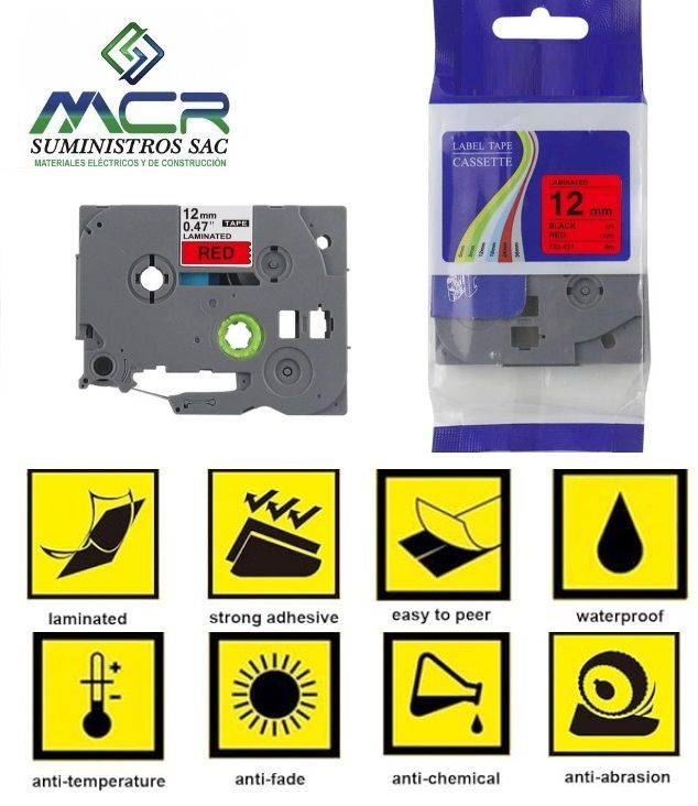 Cinta 12MM X 8M ROJO compatible para rotulador brother