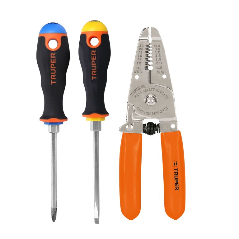KIT, PELACABLE, 2 DESARMADORES ESTRELLA Y PLANA, MANGO COMFORT GRIP