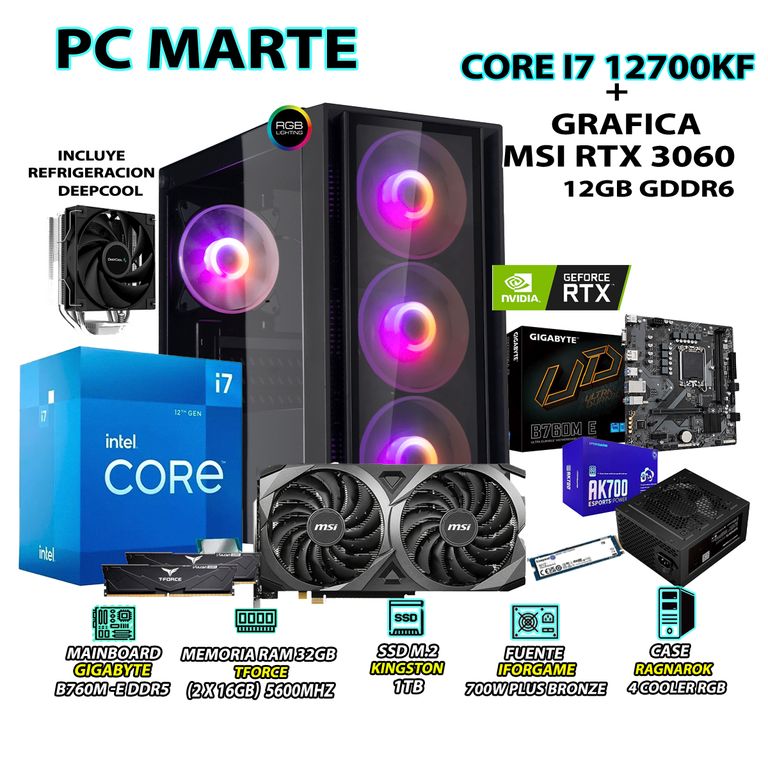 Computadora Gamer Core i7 12700KF RAM DDR5 16GB SSD 1TB GRAFICA RTX 3060 12GB