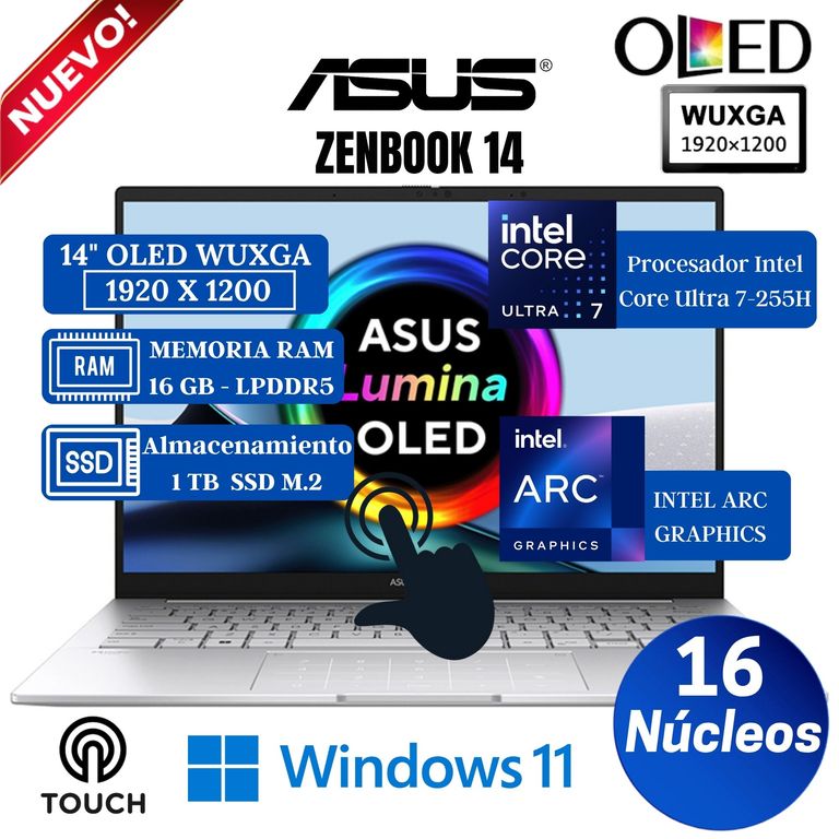 Laptop Zenbook 14" OLED WUXGA Touch, Core Ultra 7-255H, Ram 16GB, SSD 1 TB, Win 11 Home