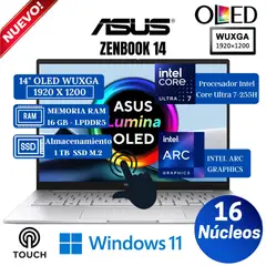 ASUS - Laptop Zenbook 14" OLED WUXGA Táctil, Intel Core Ultra 7-255H, Ram 16GB, SSD 1 TB, Win 11 Home