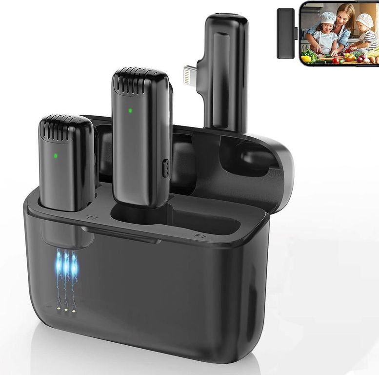 Micrófonos Inalámbricos Solaperos 2 en 1 iPhone con Cargador Portátil