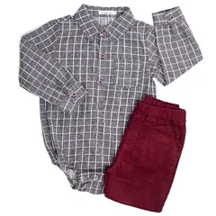 GENERICO - Conjunto para Niño Camisa Gris a Cuadros y Pantalón Guinda
