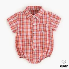 LUCALAND - Body camisa manga corta de algodón cuadros rojonaranja