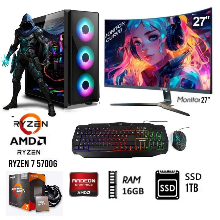 Computadora PC GAMER RYZEN 7-5700G Ram 16GB Disco SSD 1TB Monitor 27" FULL HD