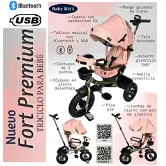 BABY KITS - Triciclo Guiador Reclinable y Giratorio USB Bluetooth