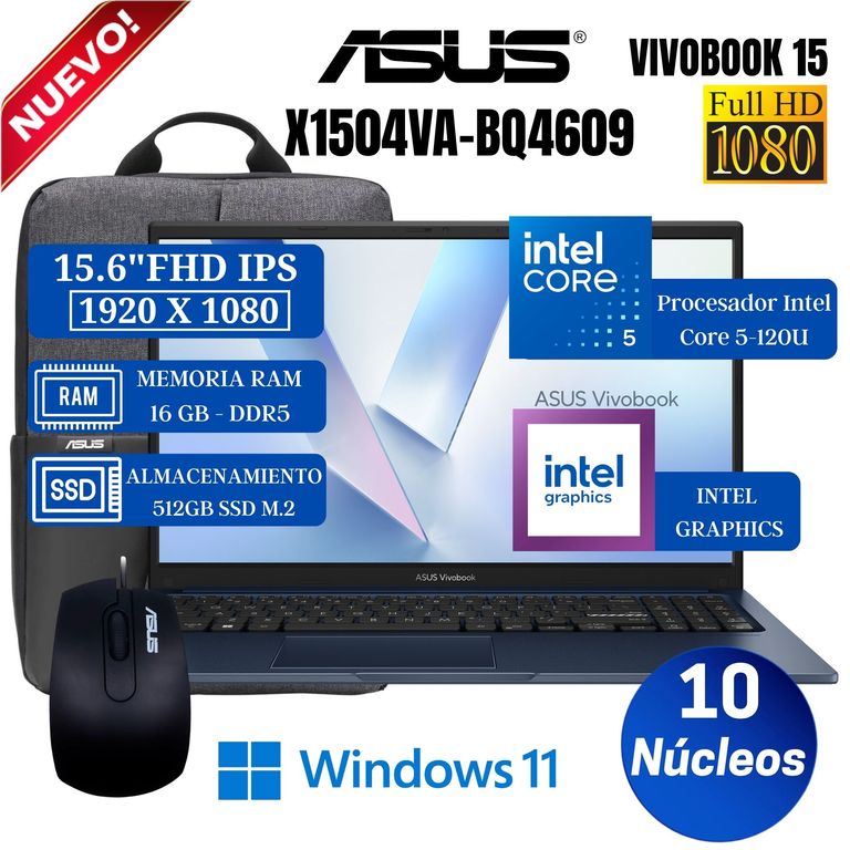 Laptop Vivobook X1504VA-BQ4609 15.6" FHD IPS, Core 5-120U, Ram 16GB, SSD 512GB, Win 11