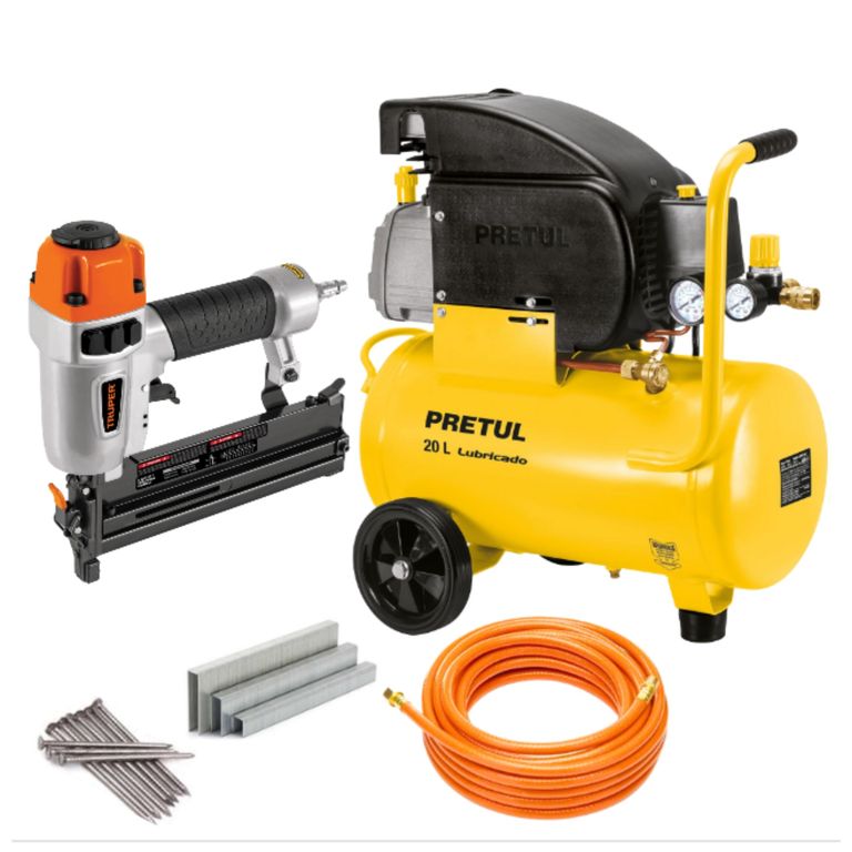 Kit Clavadora y engrapadora compresor de aire 20L 2 1/2 HP 1875 WATTS manguera