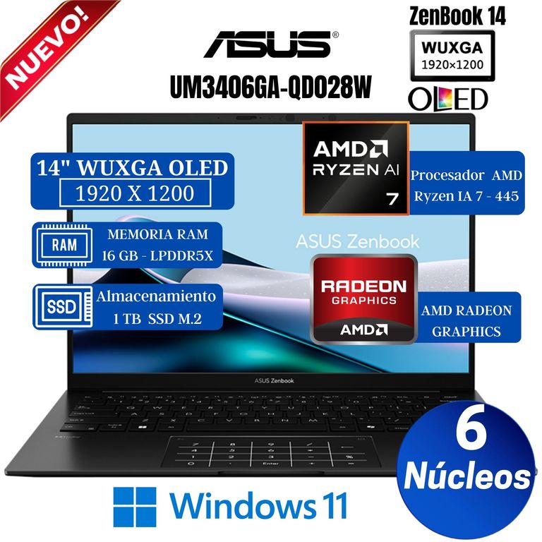 Laptop ZenBooK 14 UM3406GA-QD028W 14" OLED, Ryzen IA 7-445, Ram 16GB, Ssd 1 TB, Win 11 Home